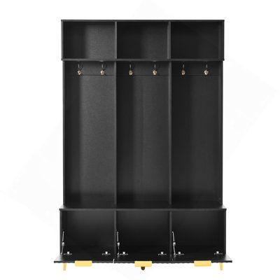 Grand portemanteau moderne avec banc, banc de rangement multifonctionnel avec portes cannelées ultrabrillantes, portemanteau luxueux avec 6 crochets et pieds dorés pour l'entrée, le salon, le blanc