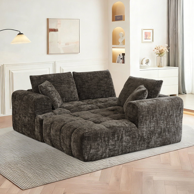 108" Chenille Compression Sectional Sofa with Chaise,Tufted Seat, No Assembly, Right Hand Facing, Brown Chenille
