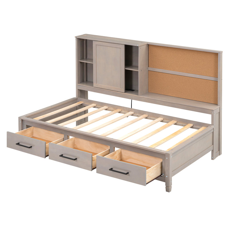 Lit de jour simple avec tablettes de rangement, planche de liège, ports USB et 3 tiroirs, Gris