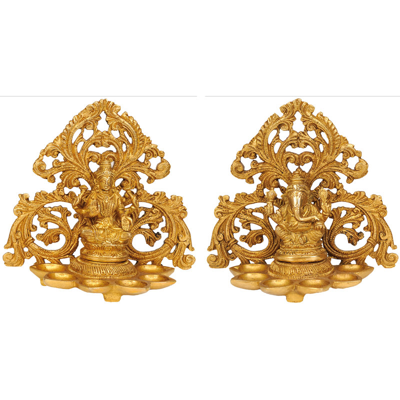 Paire de lampes à huile 6,6 "en laiton Lakshmi Ganesha