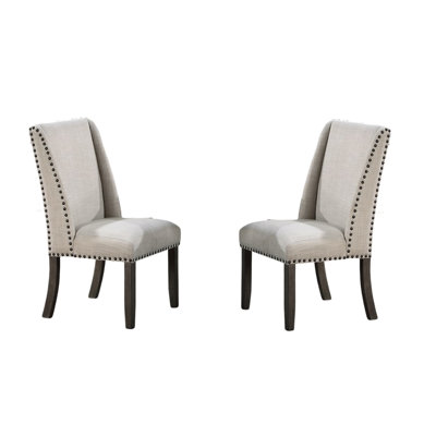 Traditional Upholstered Dining Chairs Of 2, Oak Finish With Bronze Nailhead Trim And Wingback Style 2 Chairs, Style, Fabric, Stunning