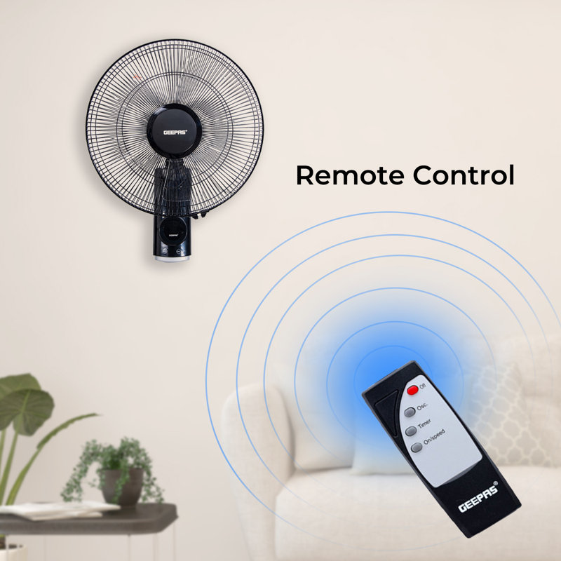 Geepas 16-inch Wall Mounted Fan With Remote Control, 60w Electric Cooling Fan For Home Or Office Use