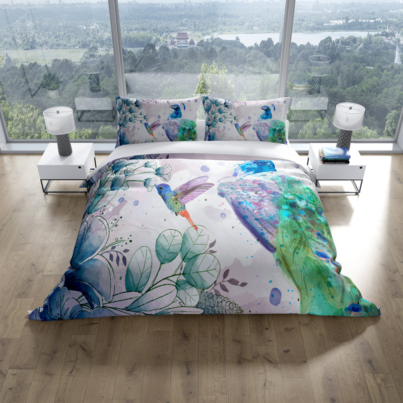  Ensemble de housse de couette paon et colibri, Housse de couette très grand + 2 taies décorativ