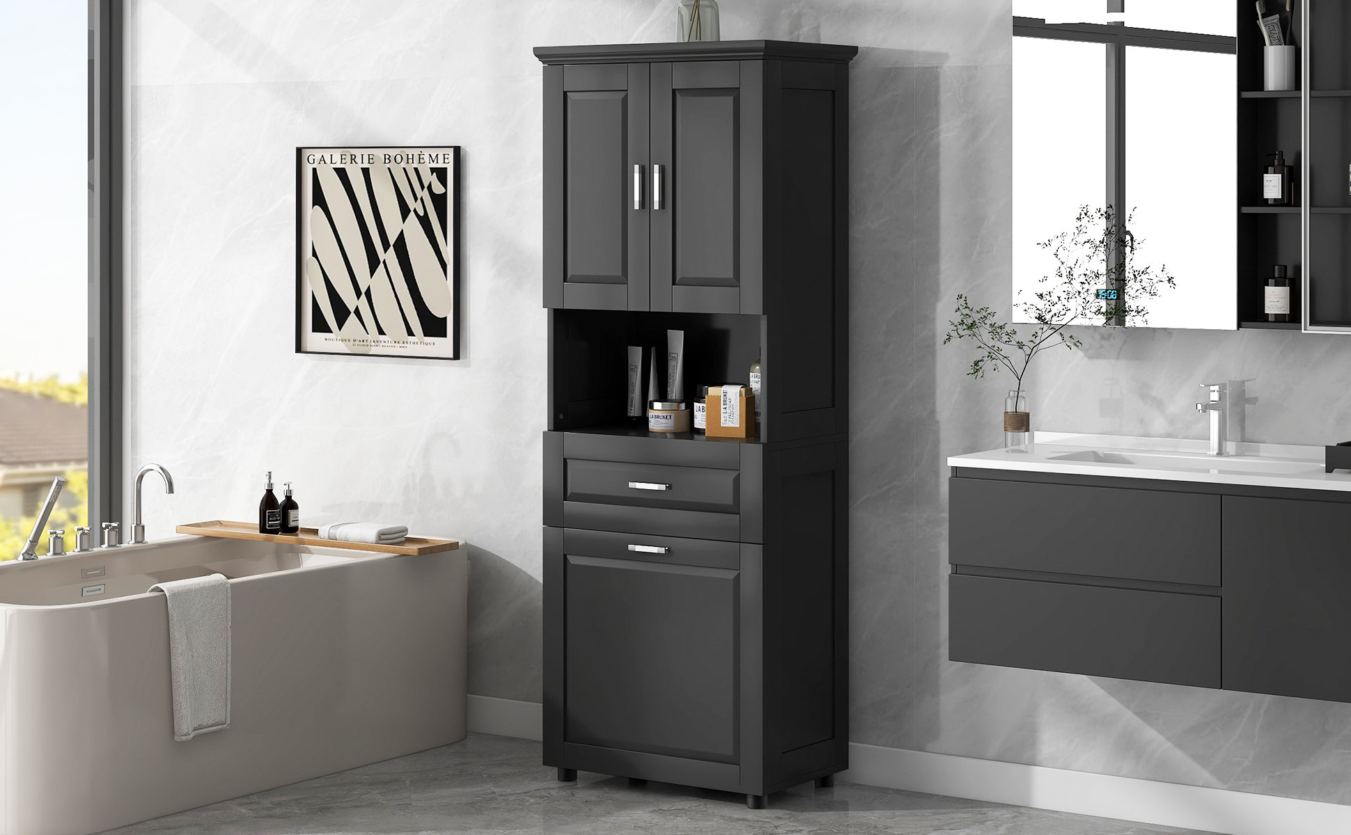 Rebrilliant Tall Bathroom Cabinet With Laundry Basket, Large Storage ...