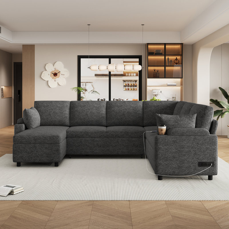 Canapé-lit modulaire en U beige et gris de 109,9 po avec beaucoup de rangement et de commodités, Chenille - gris