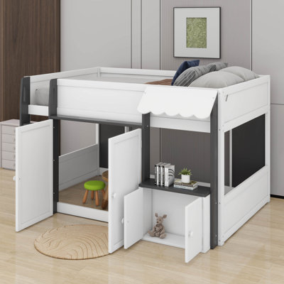 Full Playhouse Loft Bed With Scalloped Roof, Built-In Storage & Open Play Zone, Large Window Design