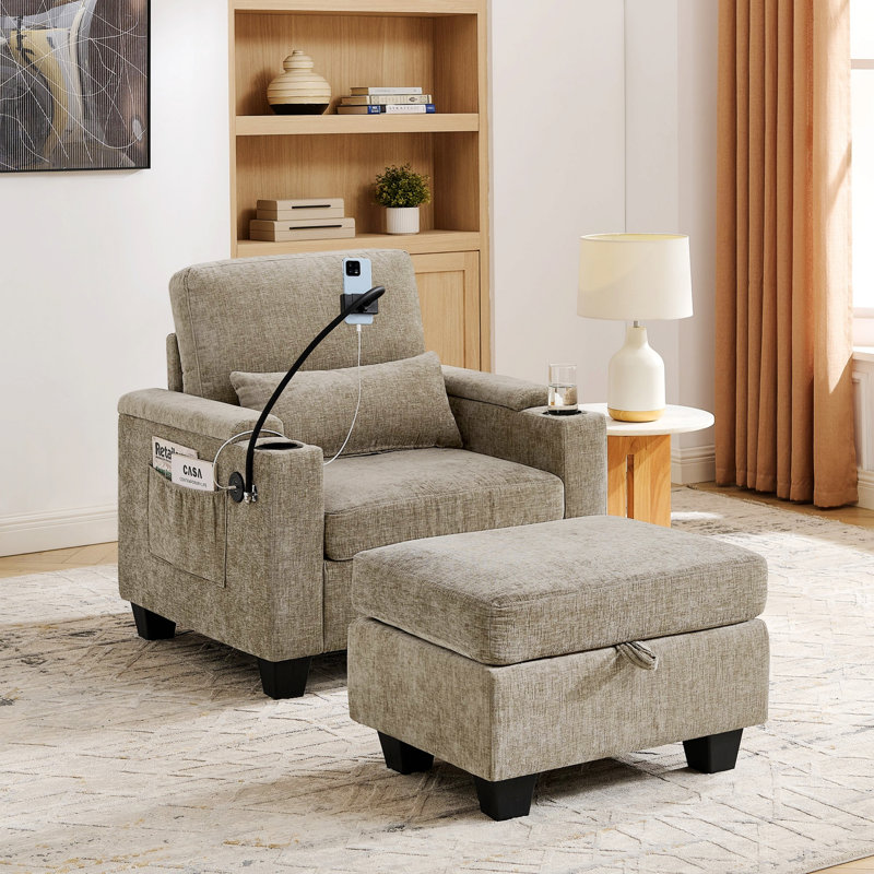 Chaise d'appoint avec dossier réglable manuellement, port de charge USB, support pour téléphone, Brun