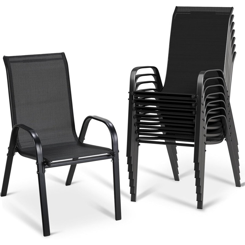 All-Weather Stackable Patio Chairs, Durable Textilene Fabric with Armrests, Sturdy Metal Frame, Ergonomic Quick-Dry Outdoor Dining Chairs for Backyard & Poolside(Black, 8pcs)