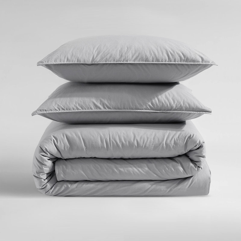 Calvin Klein Washed Percale Cotton Solid Comforter Set, Queen Comforter + 2 Standard Shams, Blue Gray