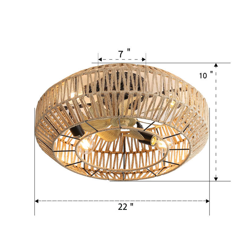 Nouveau ventilateur de plafond à cage 22 pouces avec rotin fermé et moteur à courant continu réversible à 6 vitesses pour salon