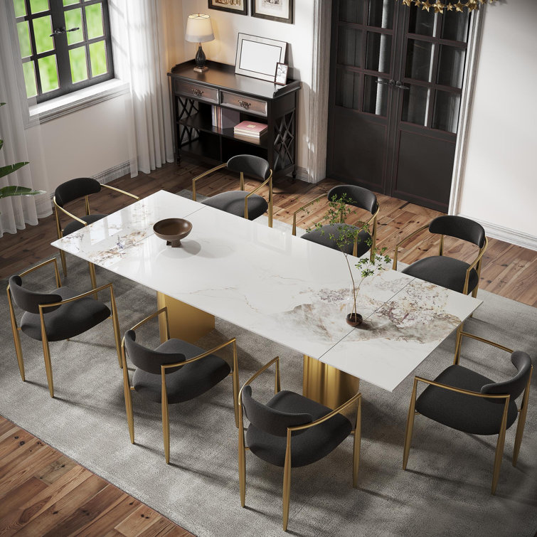Myrasol 9 - Piece Dining Table Set With 94.48'' Extendable Sintered Stone Dining Table with 8 Fabric Chairs Dining For 8-10