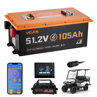 48V (51.2V) 105AH Lithium Golf Cart Battery, with 18A Charger, Lifepo4 Battery Kit, Built-in 200A BMS, with Bluetooth & Touch Monitor, 4000 Cycles, Metal Case, for Golf Carts, Trolling Motors