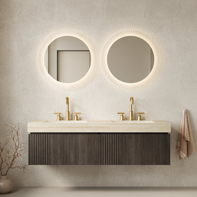 Meuble-lavabo suspendu double de 60 po avec comptoir en pierre frittée et tiroirs en bois cannelé, armoire, préassemblé