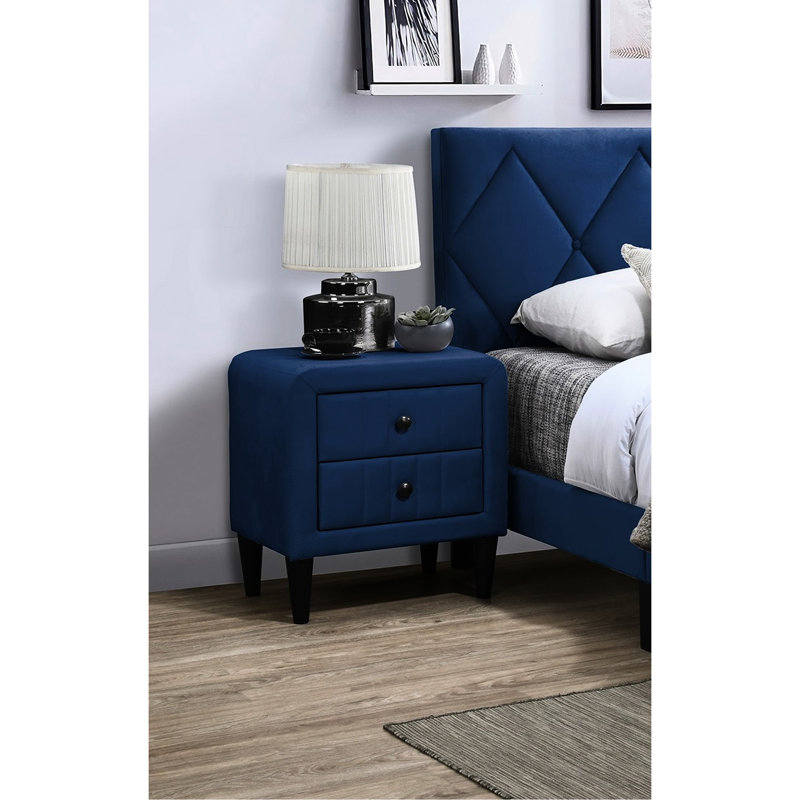 Table de chevet 2 tiroirs en velours bleu marine avec look moderne et sophistiqué, Marine