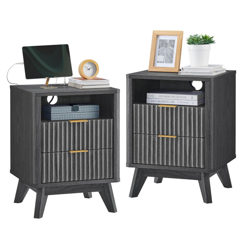 Ensemble de 2 tables de chevet cannelées avec station de charge et rangement intégrés, Aulne foncé