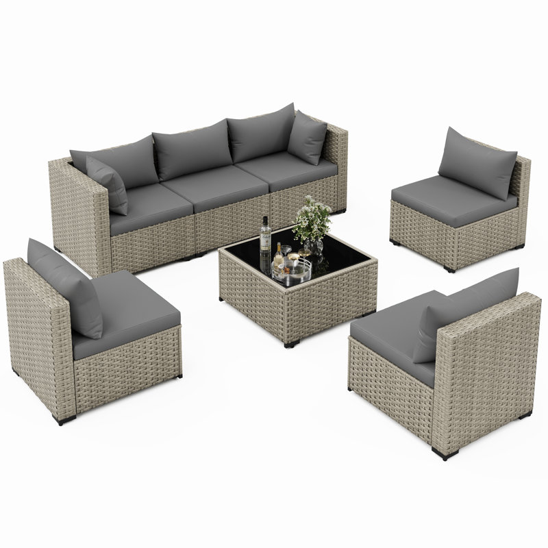 7 Piece Patio Conversation Set with Coffee Table and Cushions, Grey