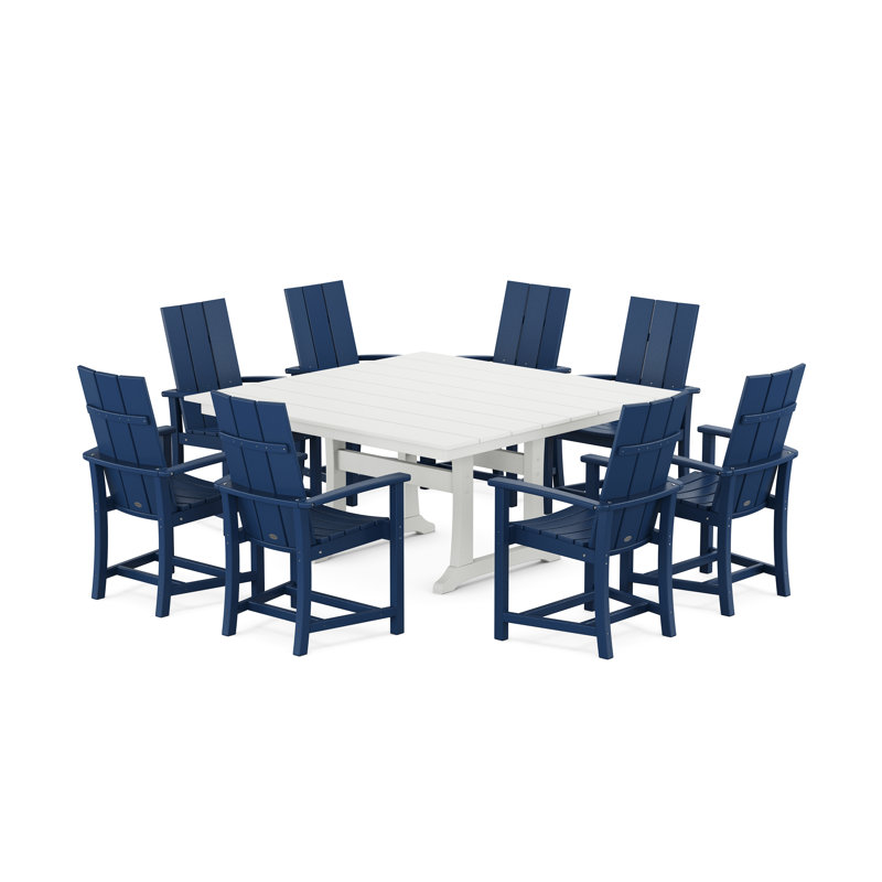 POLYWOOD Modern Adirondack 9-Piece Farmhouse Trestle Dining Set, Navy/White, 38.5"H x 31" W x 31" L
