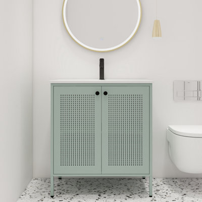 Meuble-lavabo autoportant simple 30 po avec 2 portes Saxar et plateau en céramique blanc Saxar
