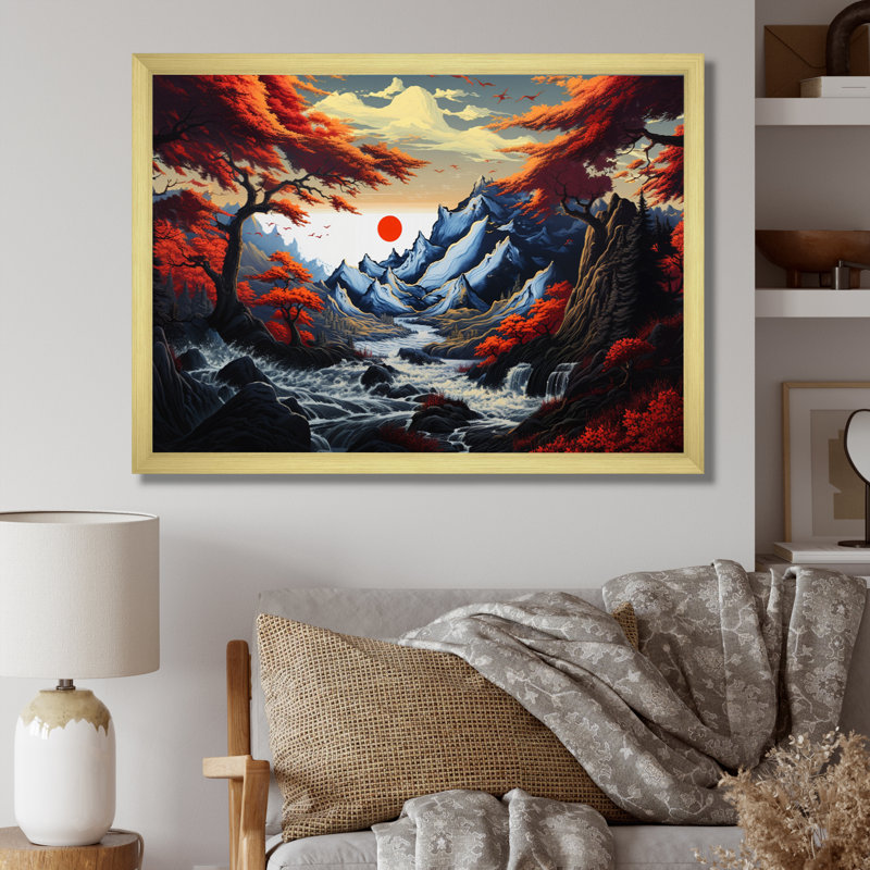 Charmant paysage asiatique sur toile, H 24 po x l 32 po x P 1 po, Cadre doré à une seule photo