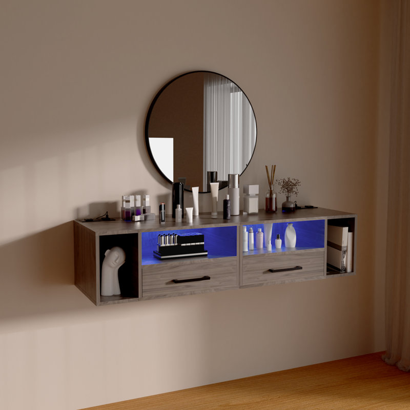 Jorid 21.3''W Wall Mounted Floating Nightstand with RGB Light, Light Brown