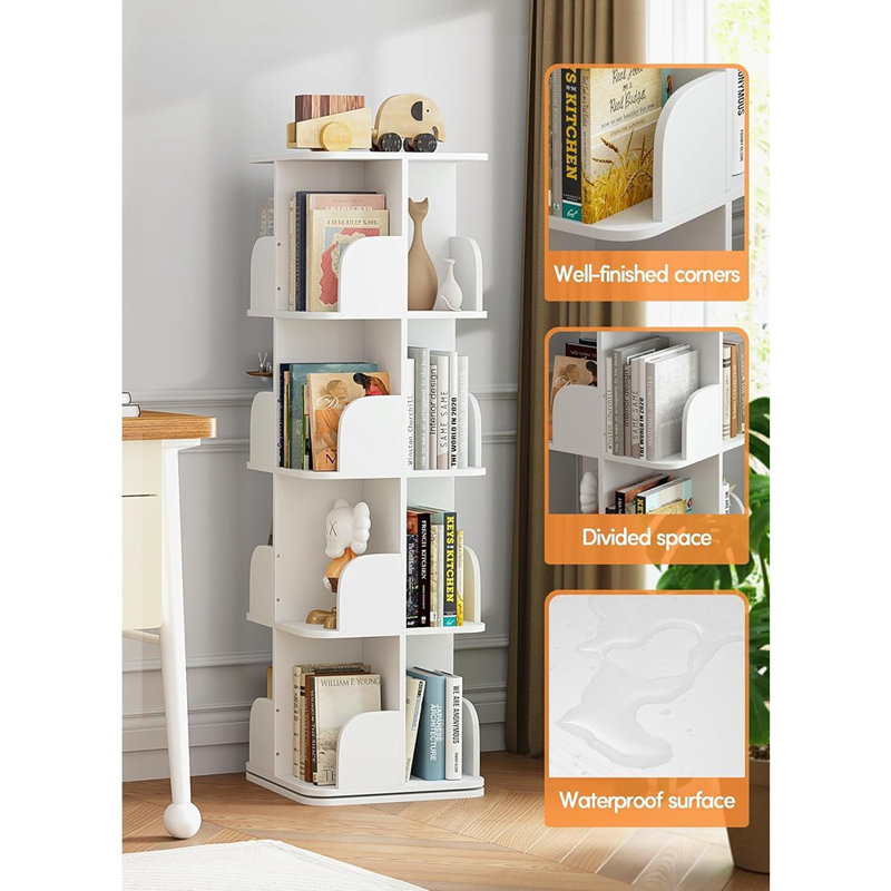 4-Tier Spinning Square Bookshelf – 360° Revolving Floor-Standing Storage Rack Or Small Spaces – White