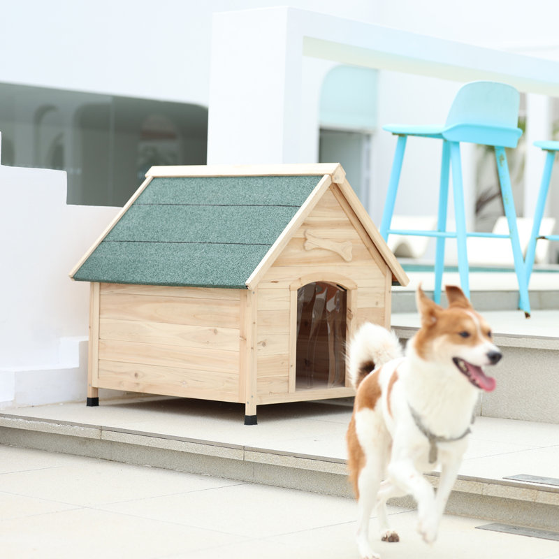 33''  Wood Dog House Wooden Dog Polymer Reinforced Weatherproofing Roofing Resistant Kennel for Outdoor, Beige