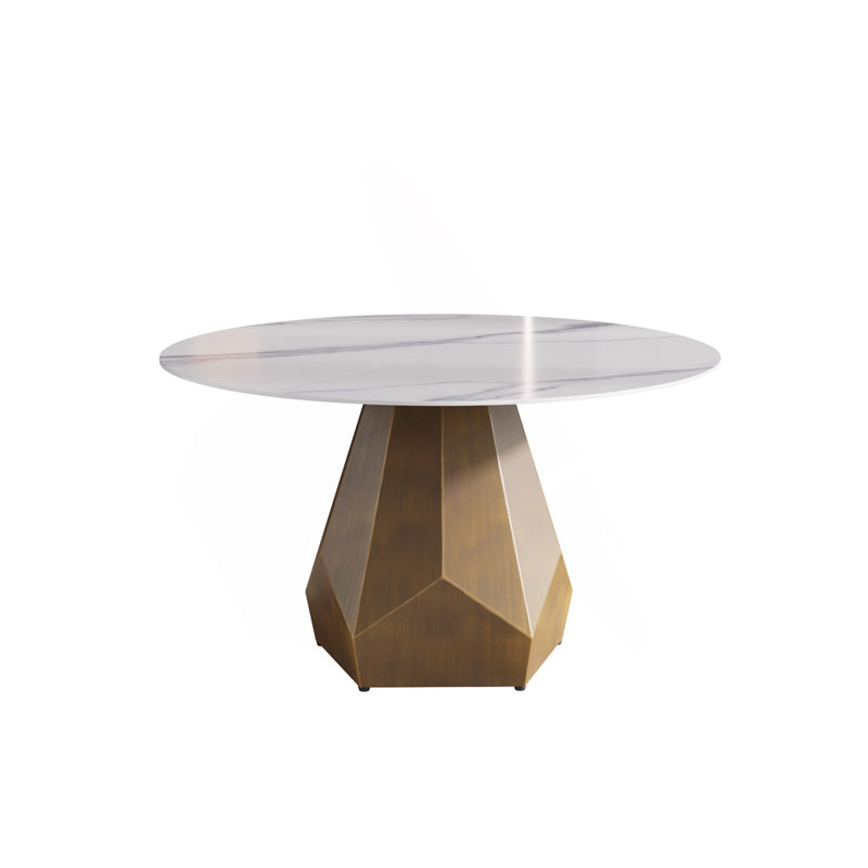 Table de salle à manger de 53 po en marbre avec base en métal, marbre artificiel pour 6 personnes, Blanc / Doré
