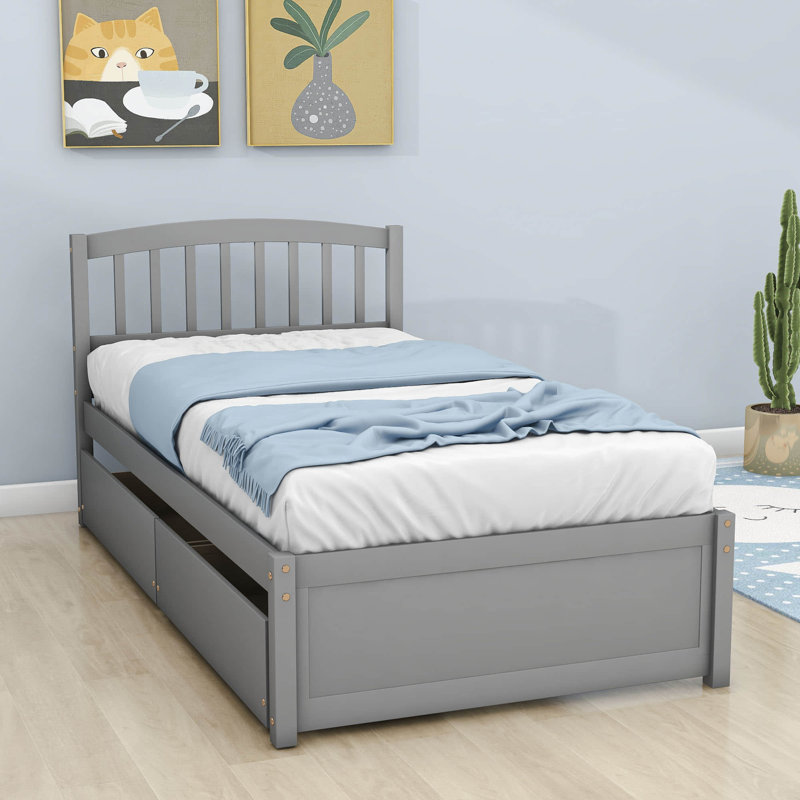 Twin Size 2 Drawers Platform Bed Frame with Headboard, Gray