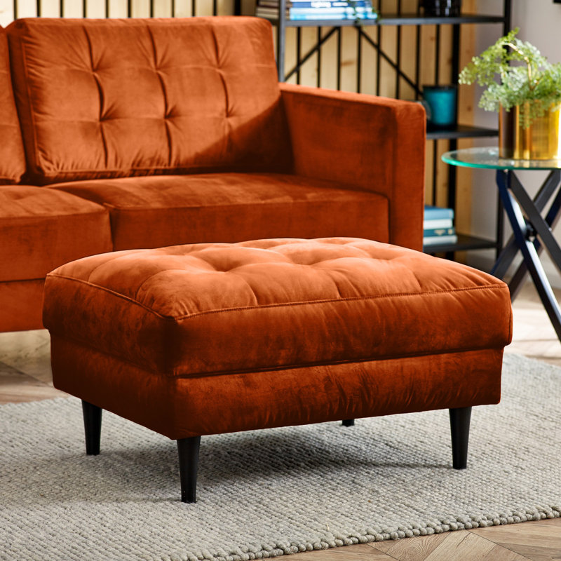 Jodi Velvet Footstall Ottoman - Upholstered Modern Retro Fabric Stylish & Contemporary, Orange