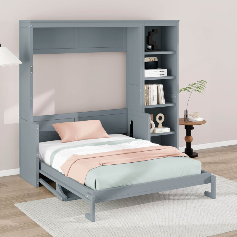 Lit escamotable double avec bureau et bibliothèque, lit escamotable au design compact et peu encombrant, Gris, Double