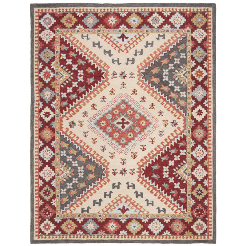 Southwestern Handmade Tufted Cotton/Wool Red/Ivory Area Rug, Rectangle 5' x 8'