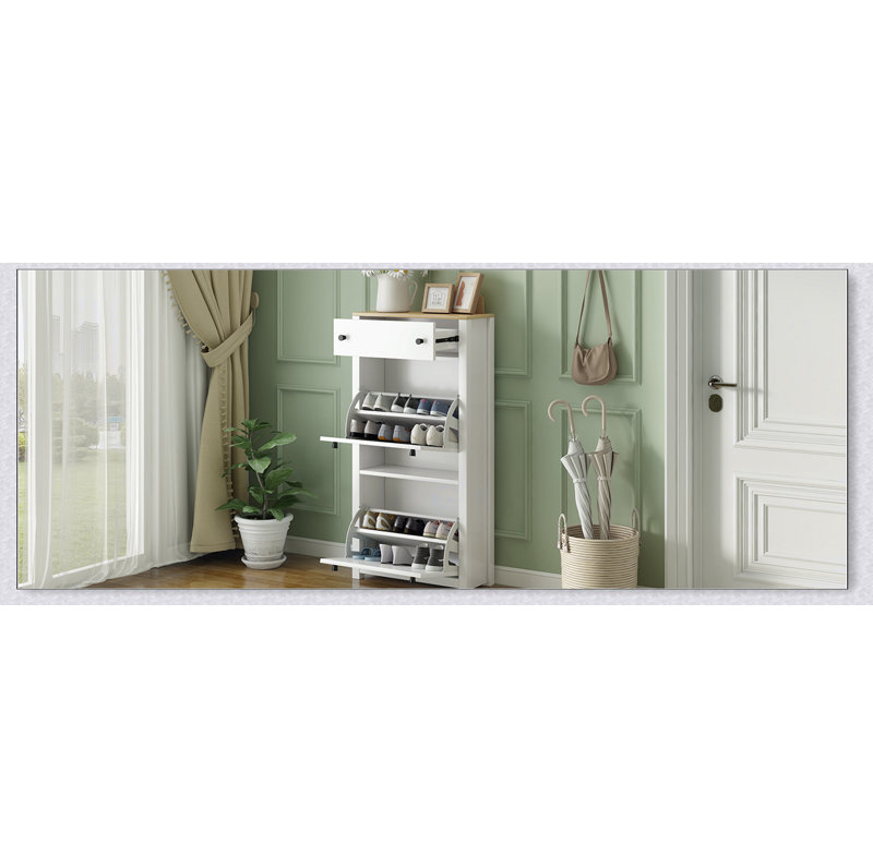 Functional Entryway Organizer with 2 Flip Drawers, Wood Grain Pattern Top Shoe Cabinet with Drawer, Free Standing Shoe Rack with Adjustable Panel for Hallway