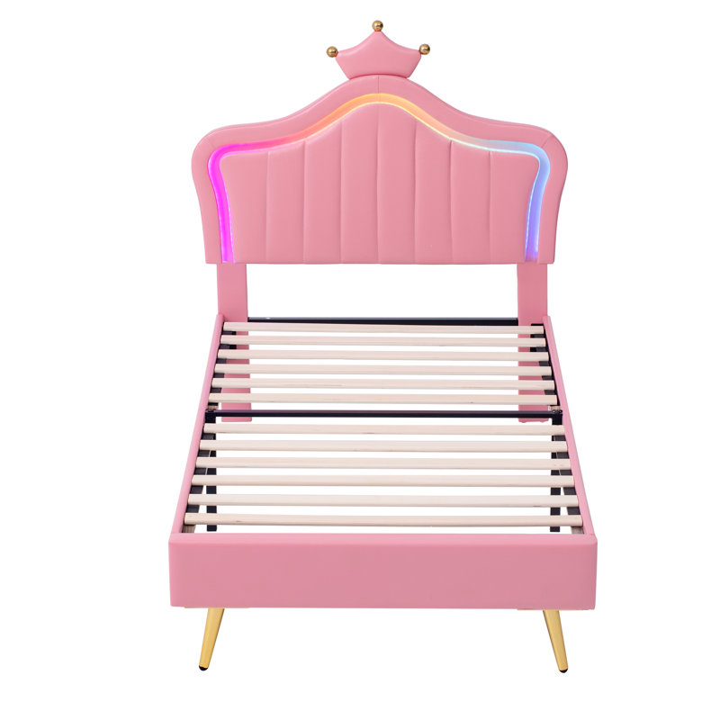 Upholstered Bed With Led Adjustable Crown Shape Headboard, Single (3'), Pink