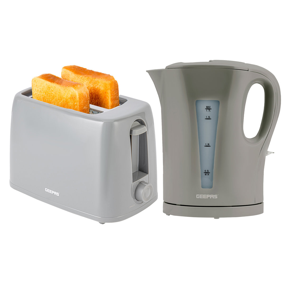 Geepas Electric Kettle & 2 Slice Bread Toaster Kitchen Combo Set | 2200W 1.7L Cordless Jug Kettle Boil Dry Protection & Auto Shut Off | 650W 6 Level w