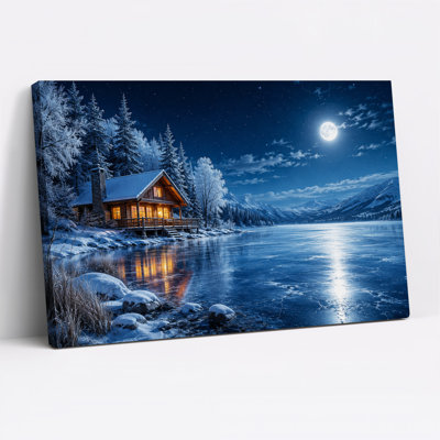 Cabane enneigée sur un lac gelé sous la pleine lune - Toile murale d'Halloween