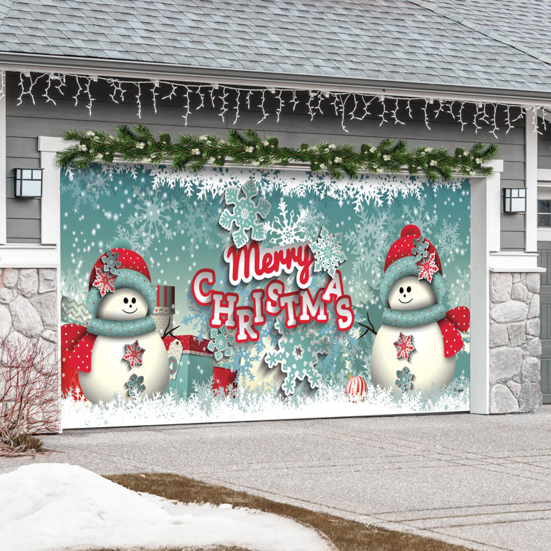 Bannière de porte de garage double Joyeux Bonhomme de neige 7 pi x 16 pi - Décorations des Fêtes pour l'extérieur