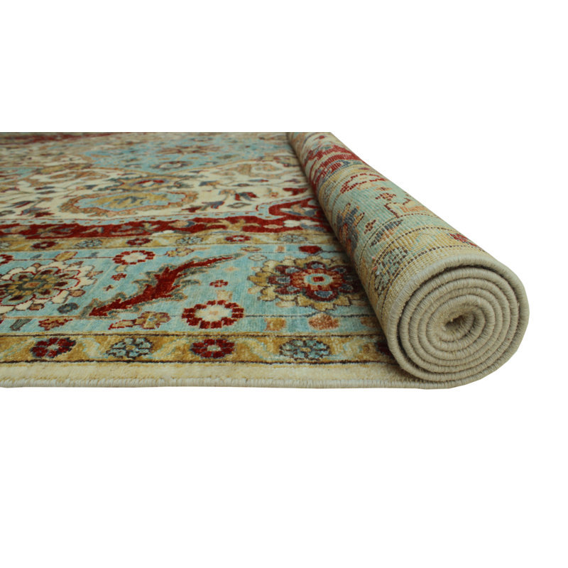 Tapis rouge / beige en laine noué à la main de conception unique 9 pi 1 po x 12 pi 1 po Jamik