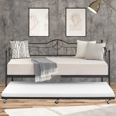 Heart-shaped Headboard,stylish Black Twin Daybed With Trundle – Space-saving Metal Sofa Bed For Living Room & Guest Room, Supports 350 Lbs, Easy Assem by Winston Porter
