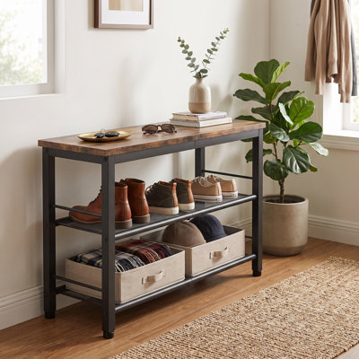 Industrial 3-Tier Shoe Rack Bench with Metal Mesh, Vintage Entryway Storage Seat