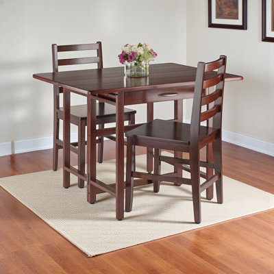 Marlar 3-Piece Drop Leaf Solid Wood Dining Set in Walnut Finish, 29" H X 41.56" W X 30.23" D