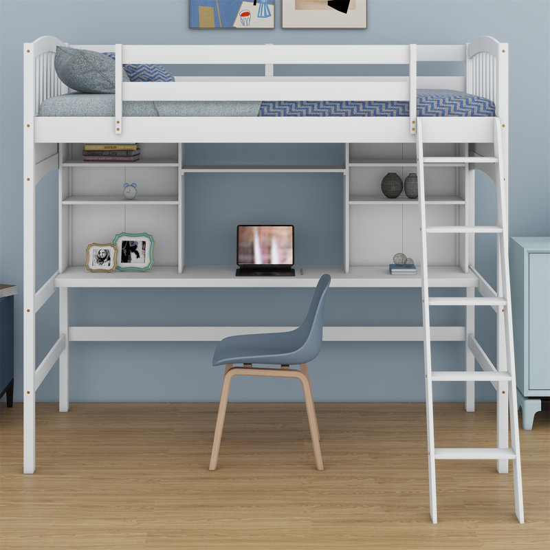 Lit mezzanine avec tablettes de rangement, bureau et échelle, Blanc