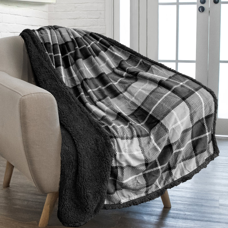 Charcoal Gray Plaid Sherpa Fleece Reversible Throw Blanket, 50" x 60"