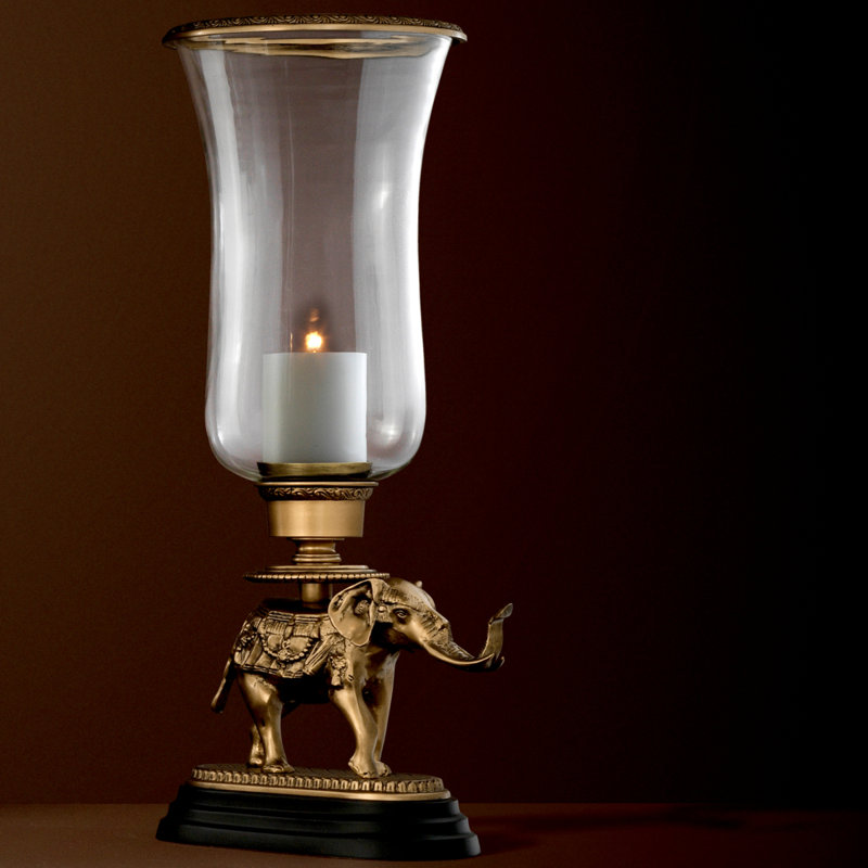 Elephant Elegance 25'' Brass and Glass Tabletop Hurricane