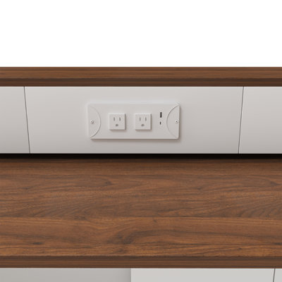 Îlot de cuisine avec table extensible et rotative, 4 tiroirs, armoires à portes en verre et douille intégrée pour 2 à 4 personnes