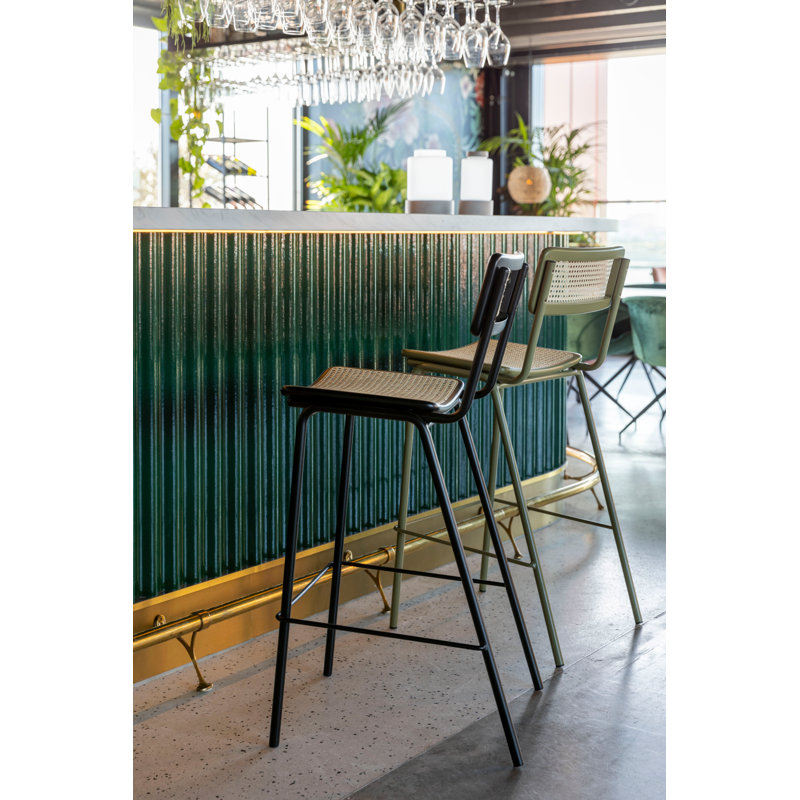 Bauhaus Inspired Black Steel and Wood Counter Stool with Rattan Seat