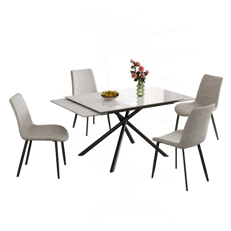 Ensemble de table de salle à manger rétractable en pierre frittée avec pieds croisés en acier au carbone noir (59 à 83 pouces, table + 4 chaises) pour une utilisation multi-scénario, noir