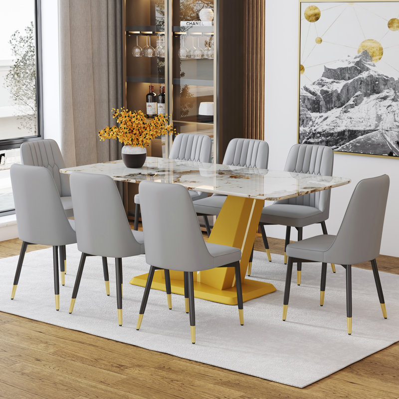 Ensemble de table et de chaises. Ensemble de table de salle à manger à motif de Pandore blanc - 8 chaises en polyuréthane gris clair. Apportez une expérience de maison confortable à la cuisine, à la chambre à coucher. (Ensemble de salle à manger)
