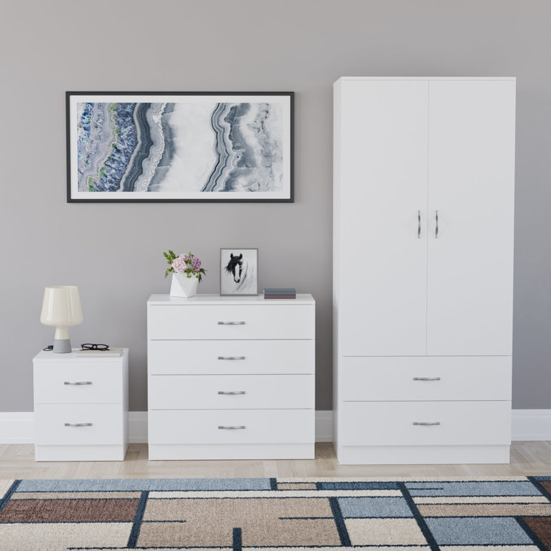 Maybery 3 Piece Bedroom Set (2 Drawer Bedside Chest, 4 Drawer Chest, 2 Door 2 Drawer Wardrobe), (4), White