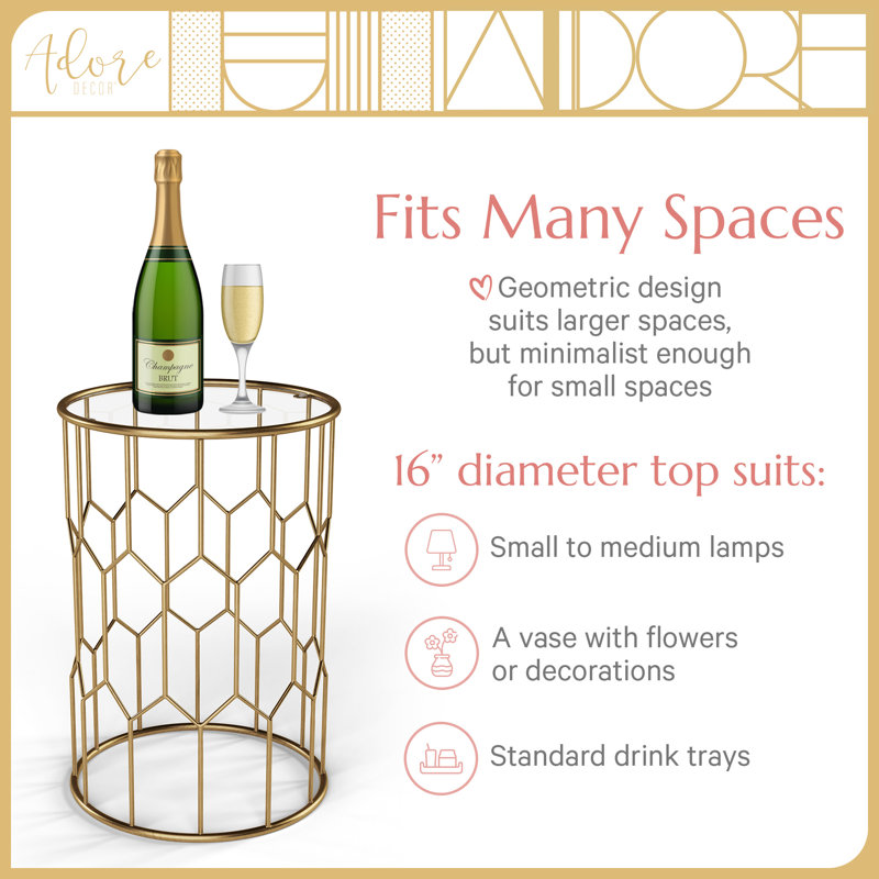 Adore Decor Harper Round 17" Gold Metal & Glass Accent Side Table