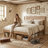 Farmhouse Queen Size Bed Frame with Drop-Down Cabinets & Cubbies, 45" Tall Wood-Grain Headboard, Pale Oak-1103158305-1103158316